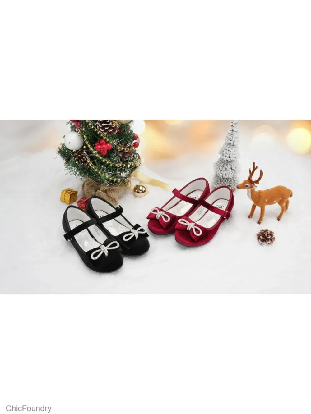 Girls Rhinestone Bow Dress Shoes Low Heels Mary Janes for Wedding Party